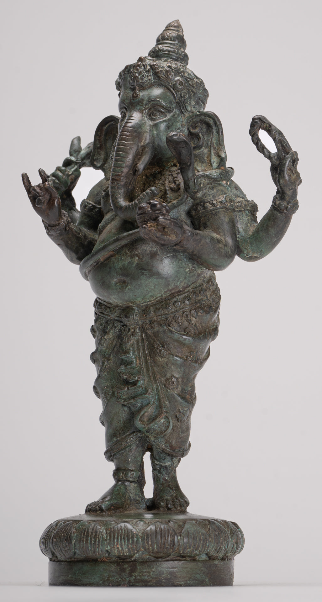 Ganesha Statue - Antique Thai Style Bronze Standing 4-Arm Ganesha Statue - 26cm/10"