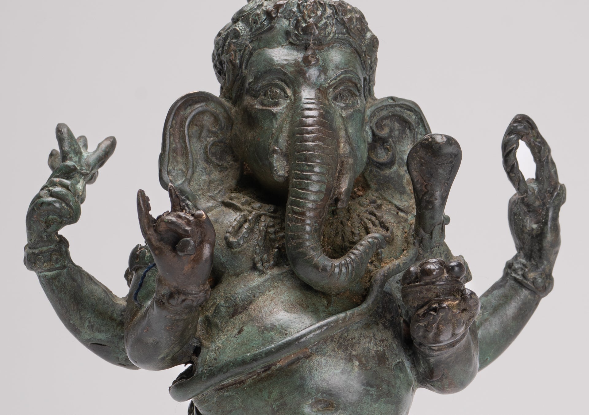 Ganesha Statue - Antique Thai Style Bronze Standing 4-Arm Ganesha Statue - 26cm/10"