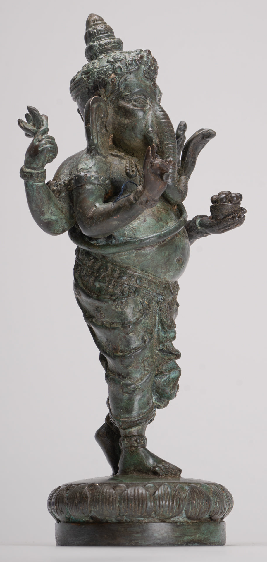 Ganesha Statue - Antique Thai Style Bronze Standing 4-Arm Ganesha Statue - 26cm/10"