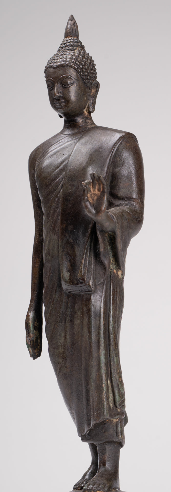 Antique Sukhothai Style Standing Bronze Protection Walking Buddha Statue - 33cm/13"