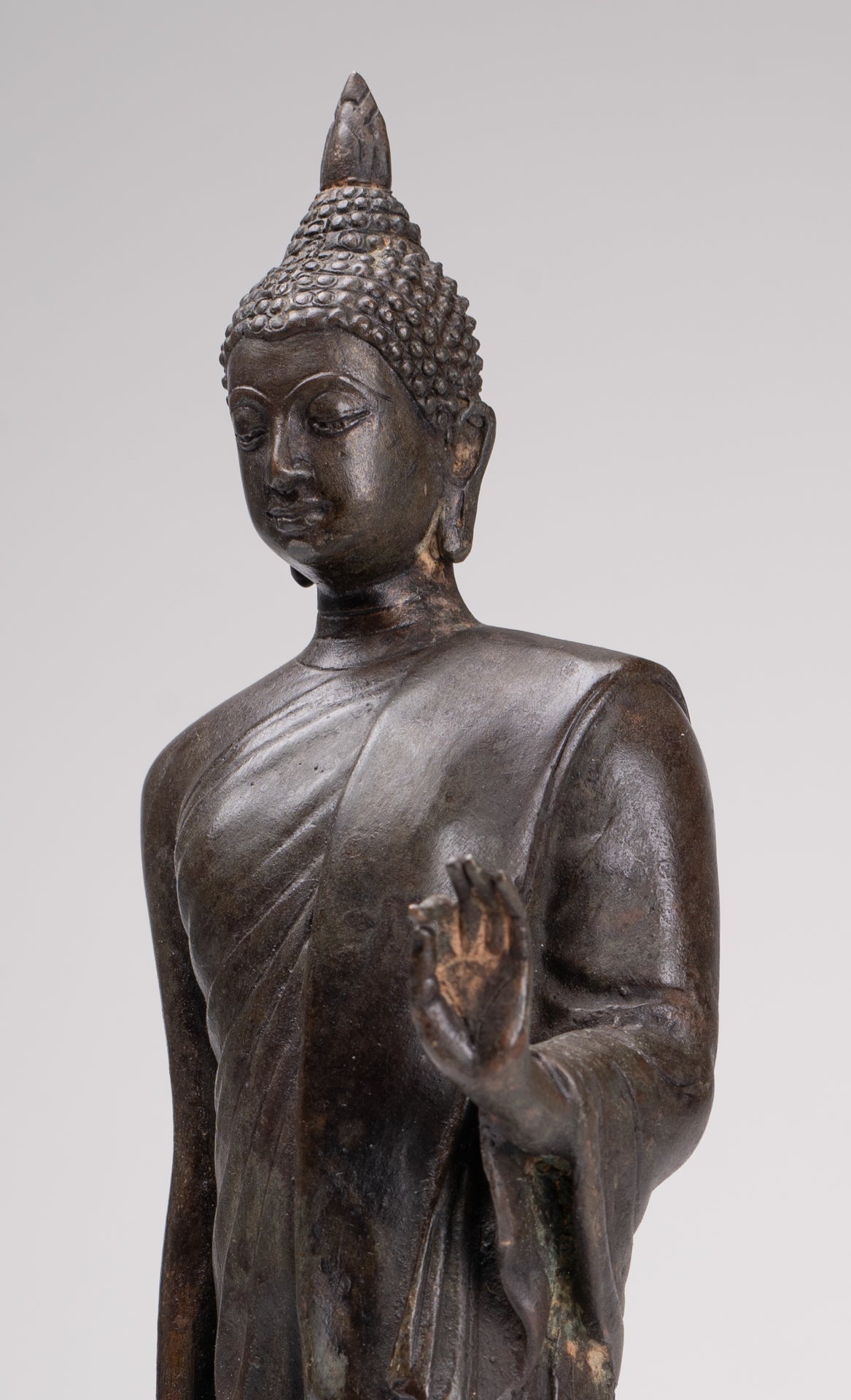 Antique Sukhothai Style Standing Bronze Protection Walking Buddha Statue - 33cm/13"