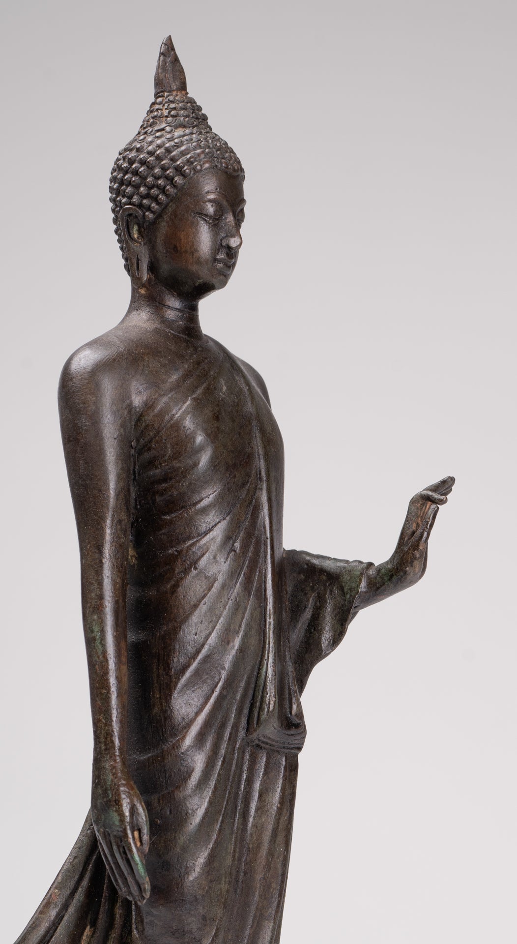 Antique Sukhothai Style Standing Bronze Protection Walking Buddha Statue - 33cm/13"