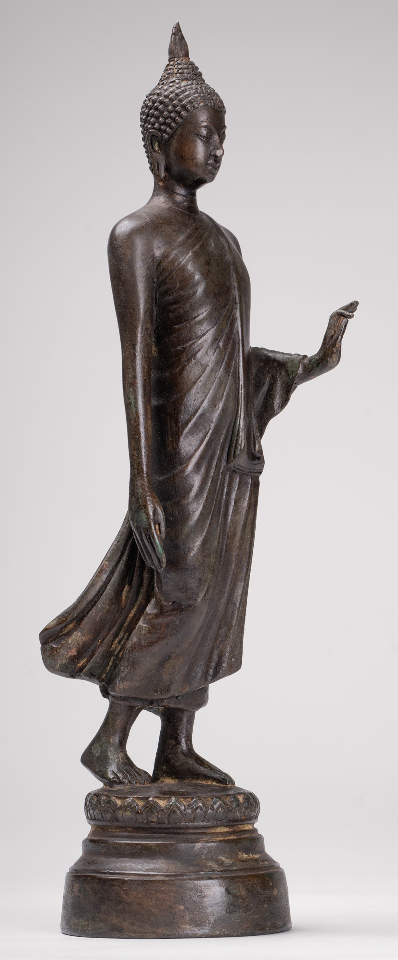 Antique Sukhothai Style Standing Bronze Protection Walking Buddha Statue - 33cm/13"