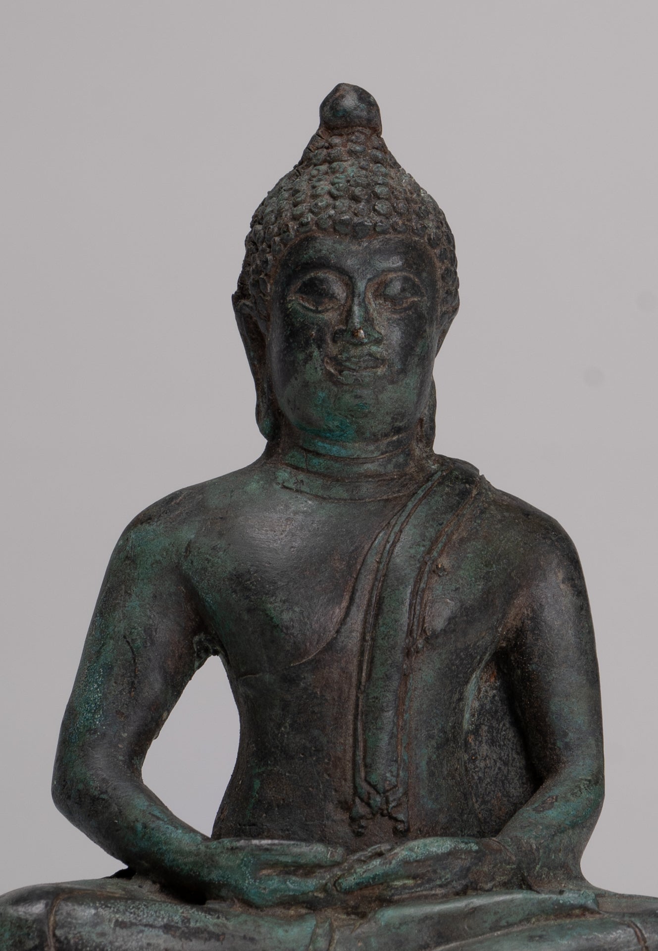 Buddha Sculpture - Antique Thai Style Bronze Seated Chiang Saen Meditation Buddha Statue - 15cm/6"