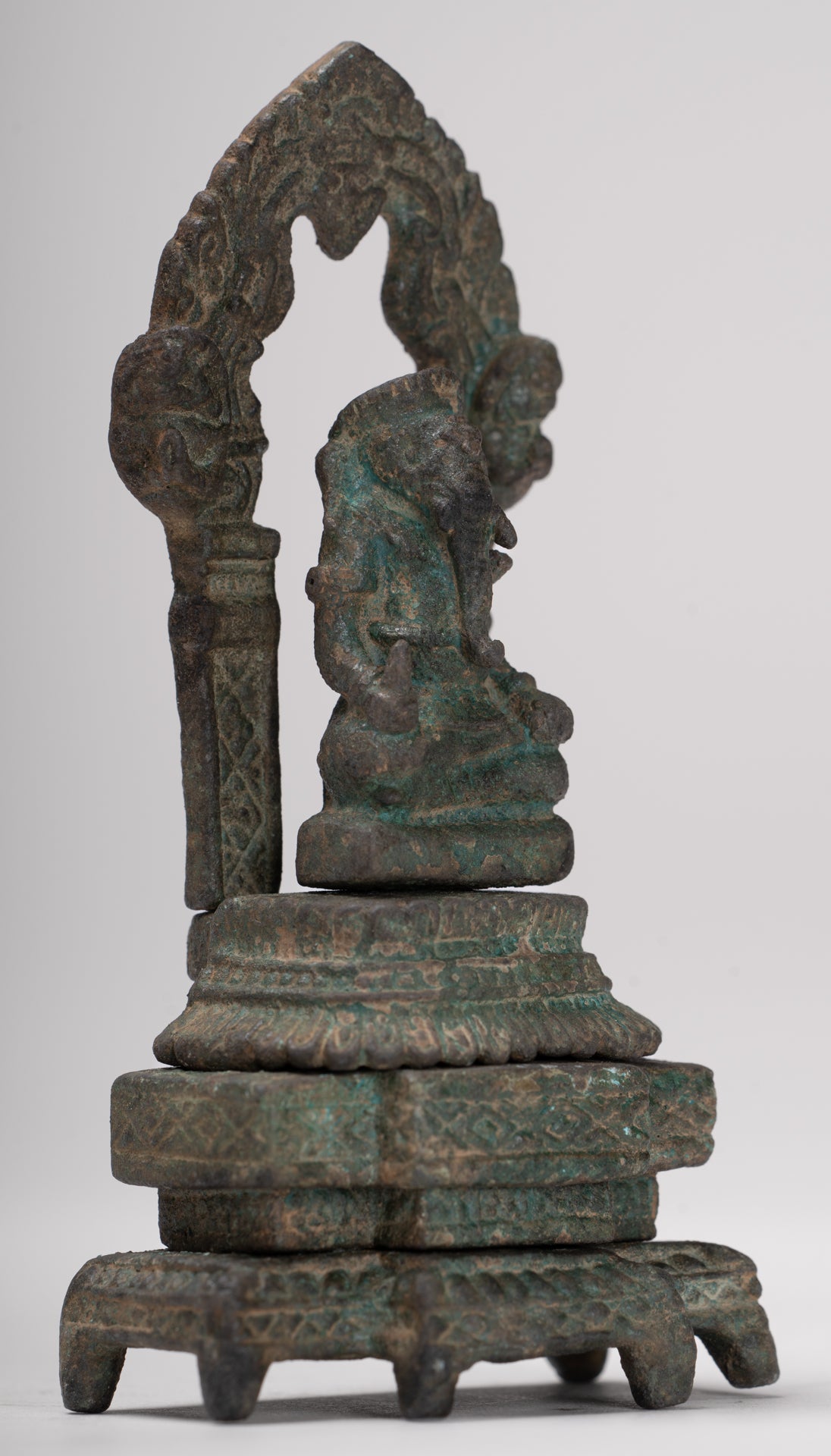 Ganesha Statue - Antique Thai Style Enthroned Bronze Seated Ganesha Statue - 11.5cm/5"