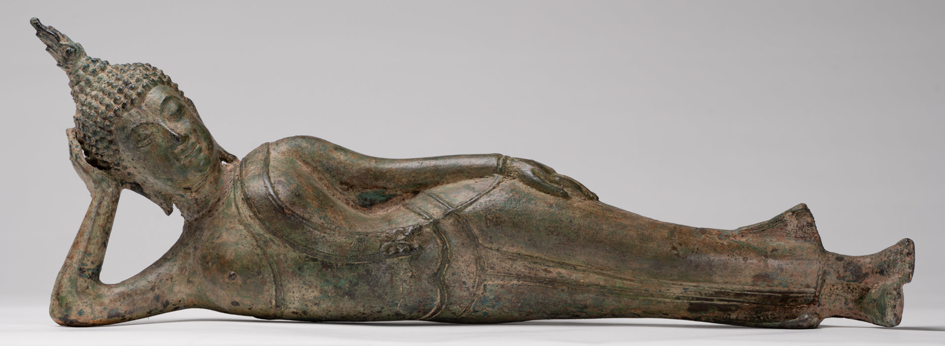 Buddha Statue - Antique Thai Style Bronze Sukhothai Reclining Nirvana Buddha Statue - 43cm/17"