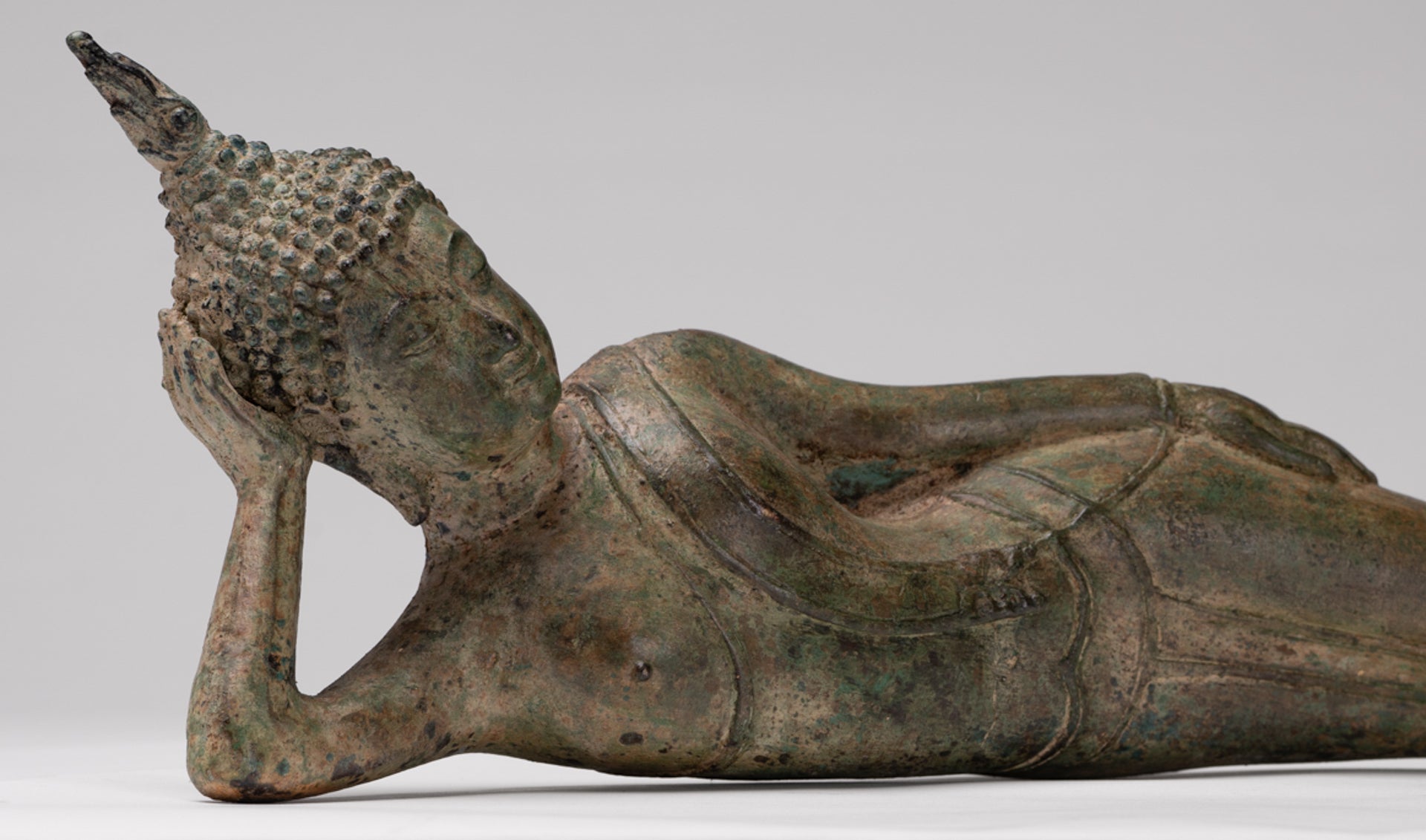 Buddha Statue - Antique Thai Style Bronze Sukhothai Reclining Nirvana Buddha Statue - 43cm/17"