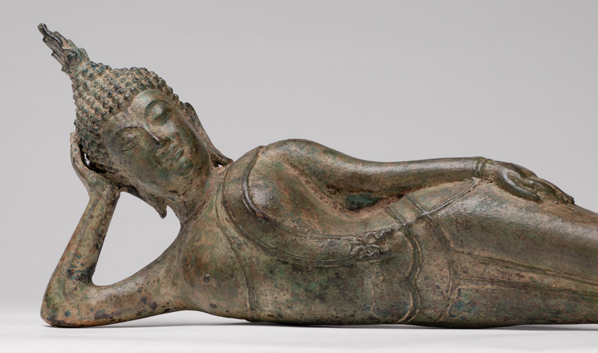 Buddha Statue - Antique Thai Style Bronze Sukhothai Reclining Nirvana Buddha Statue - 43cm/17"