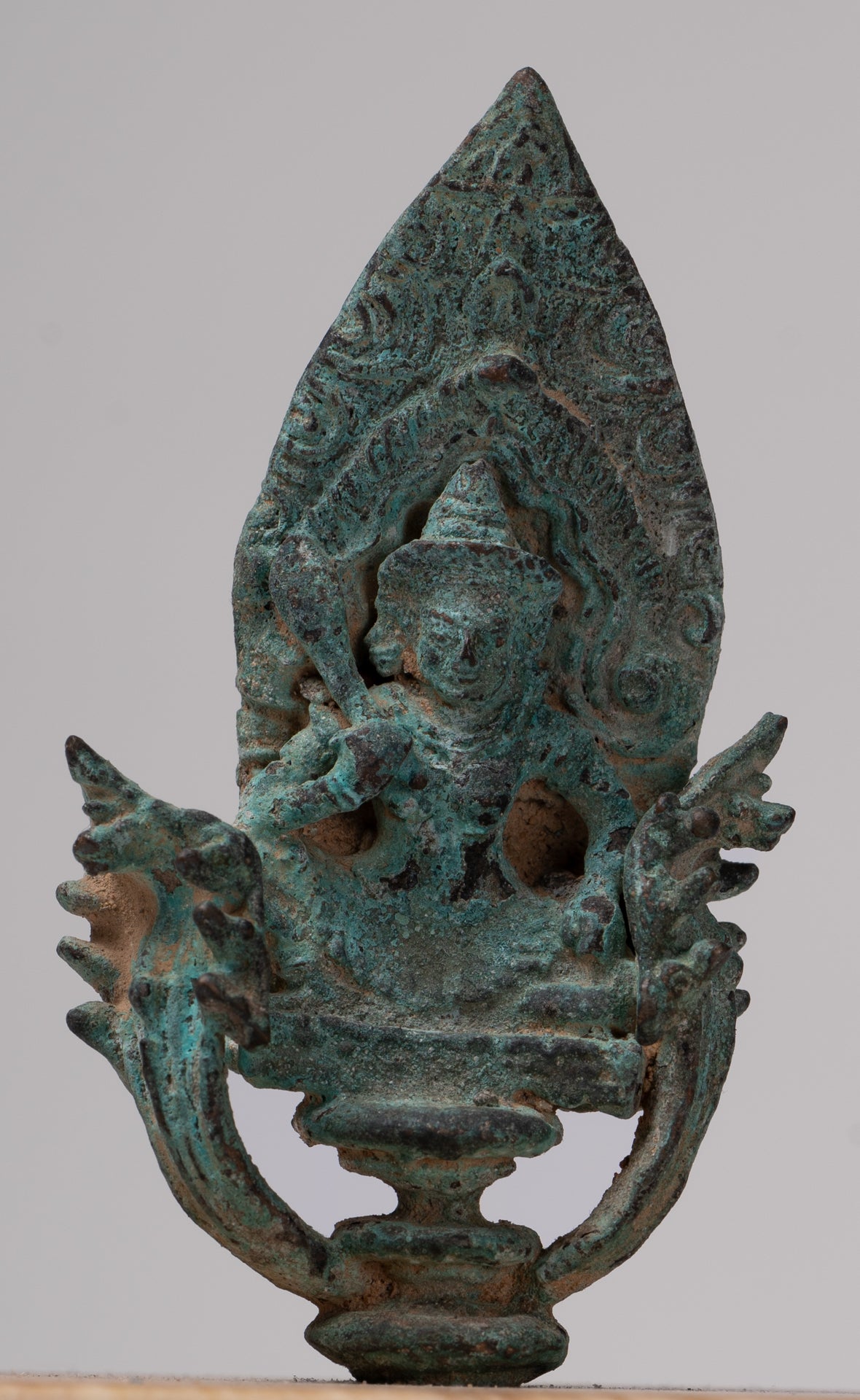 Vishnu Statue - Antique Khmer Style Enthroned Bronze Seated Vishnu Statue - 14cm/6"