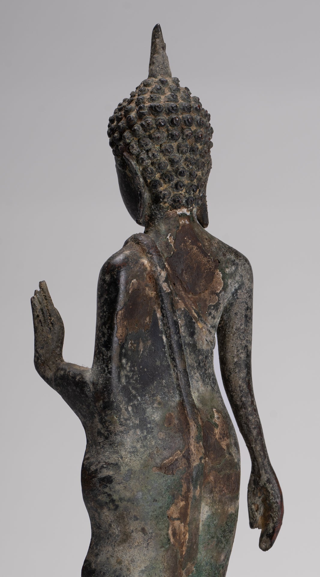 Antique Sukhothai Style Standing Bronze Protection Walking Buddha Statue - 31cm/12"