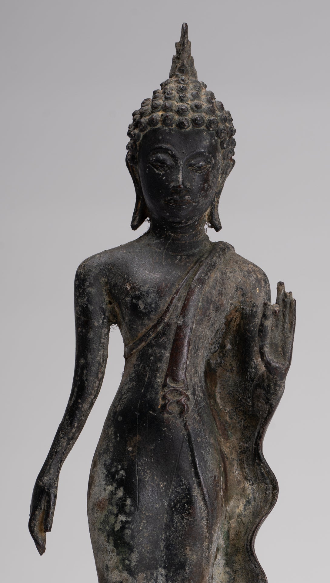 Antique Sukhothai Style Standing Bronze Protection Walking Buddha Statue - 31cm/12"