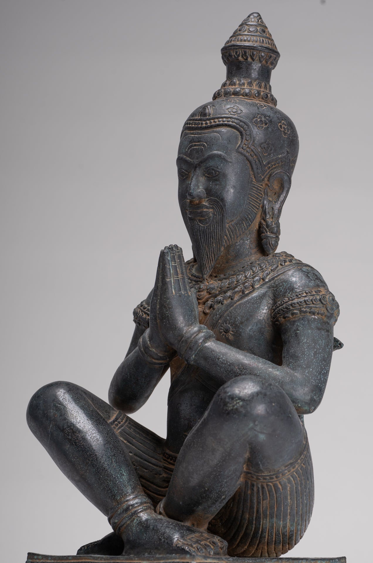 Rishi Statue - Antique Khmer Style Seated Bronze Rishi or Wise Man - 42cm/17"