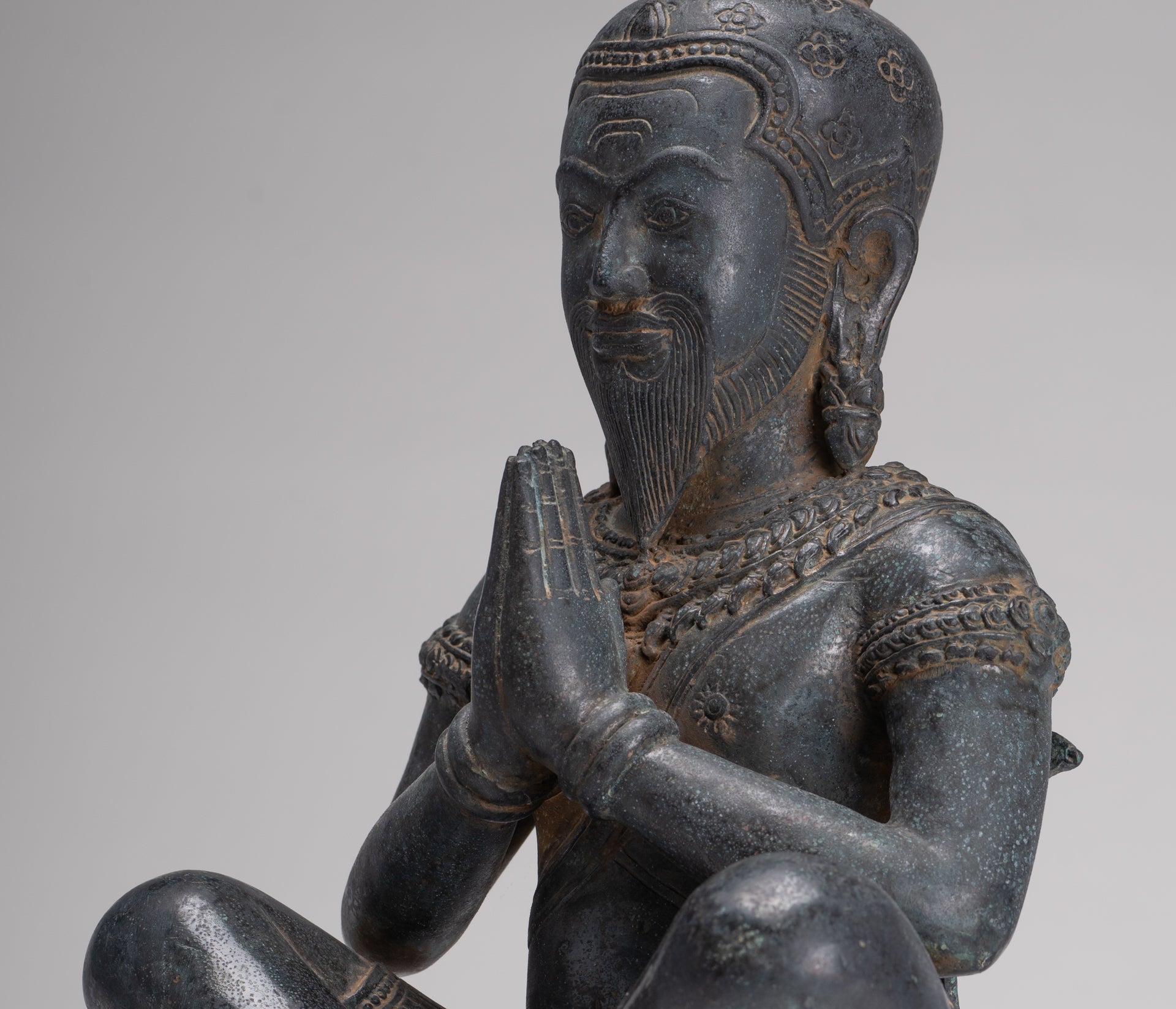 Rishi Statue - Antique Khmer Style Seated Bronze Rishi or Wise Man - 42cm/17"