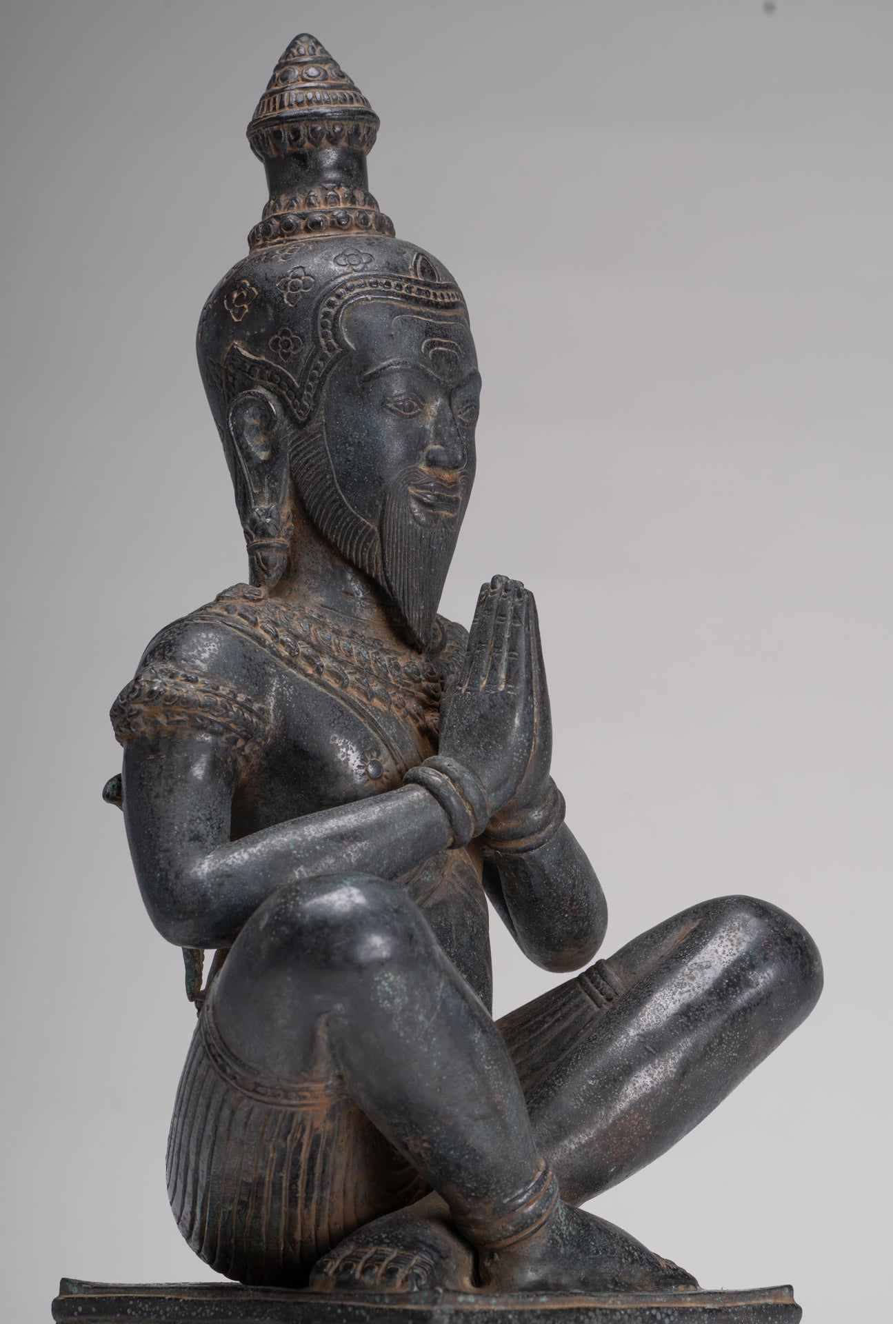 Rishi Statue - Antique Khmer Style Seated Bronze Rishi or Wise Man - 42cm/17"