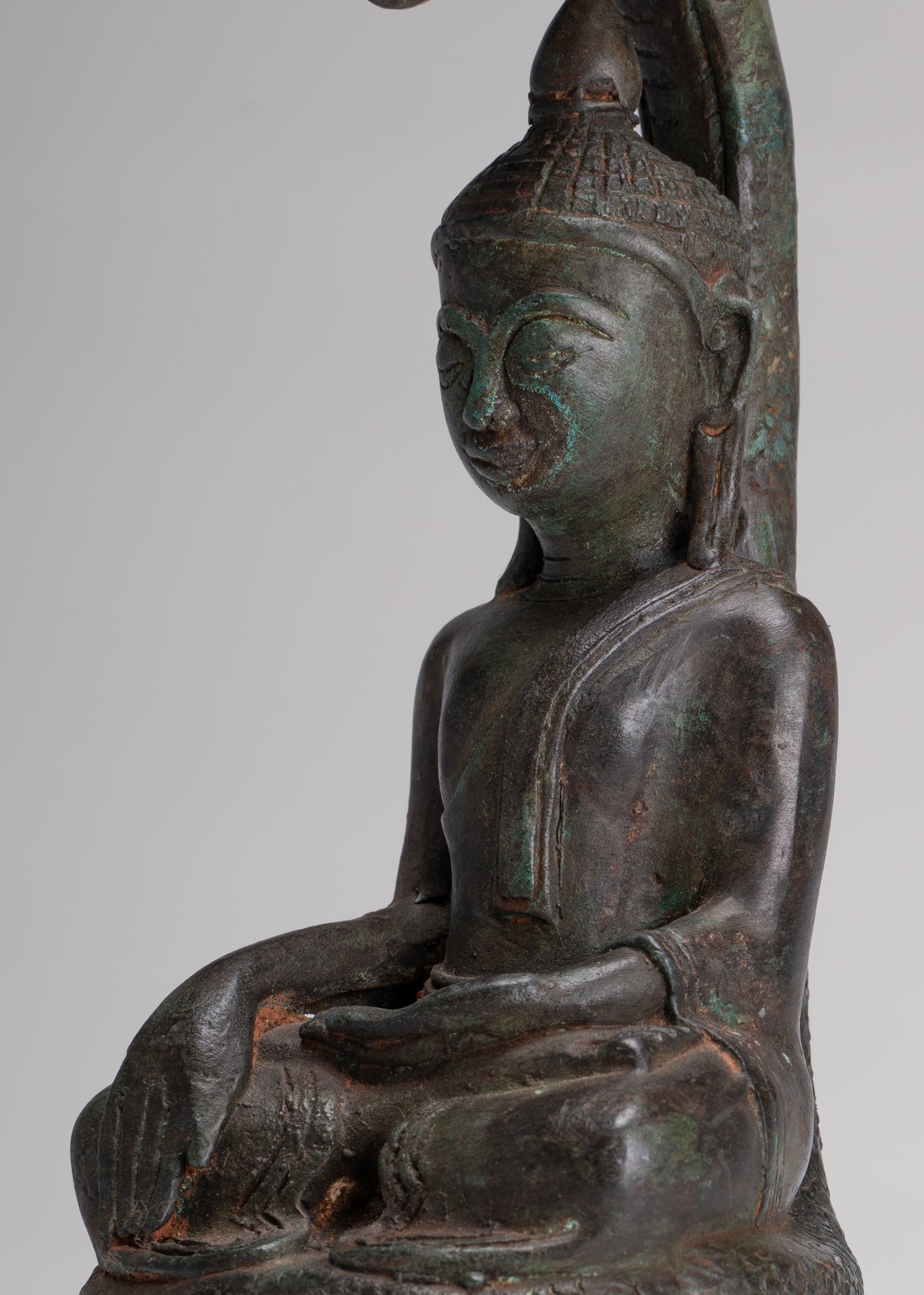 Buddha Statue - Antique Laos Style Bronze Enlightenment Naga Buddha Statue - 34cm/14"