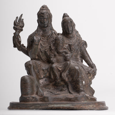 Shiva Statue - Antique Thai Style Bronze Shiva Parvati & Ganesha Statue - 15cm/6"