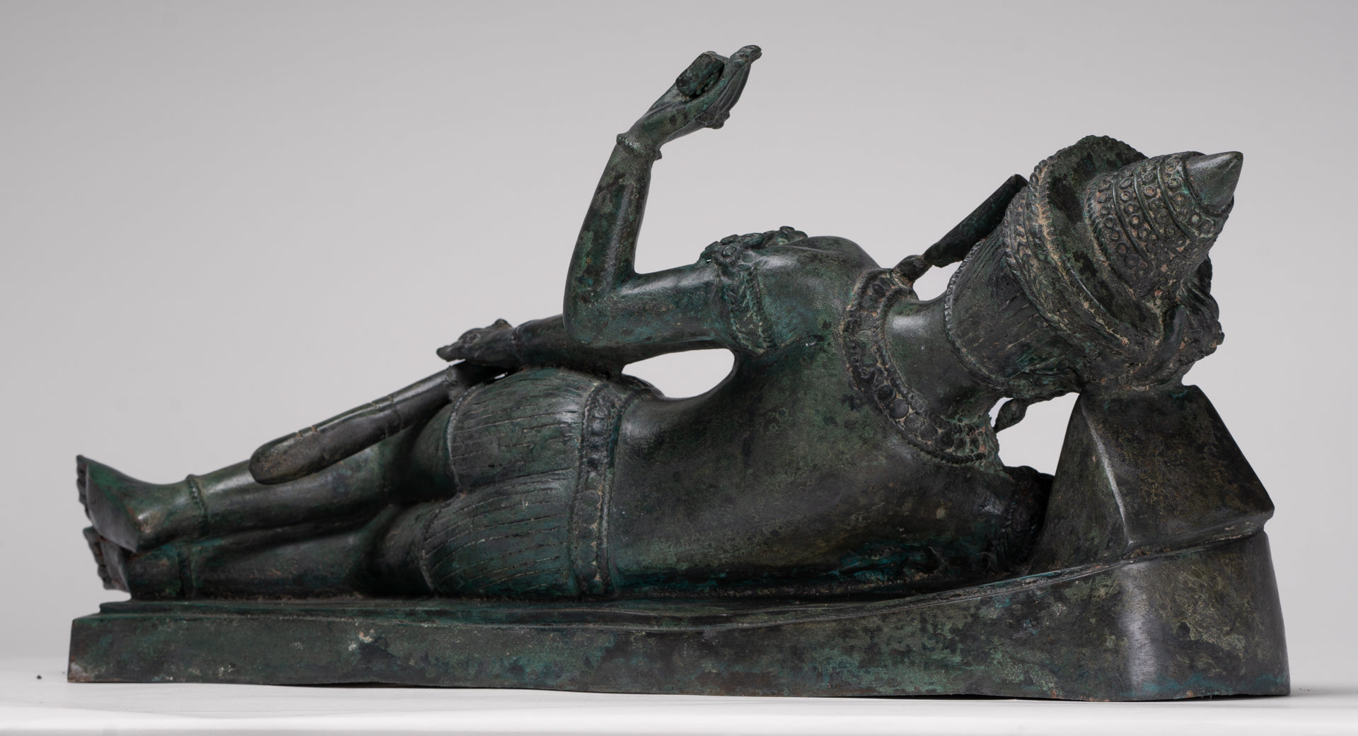 Antique Lopburi Style Thai Bronze Reclining Vishnu Statue - 55cm/22" Long