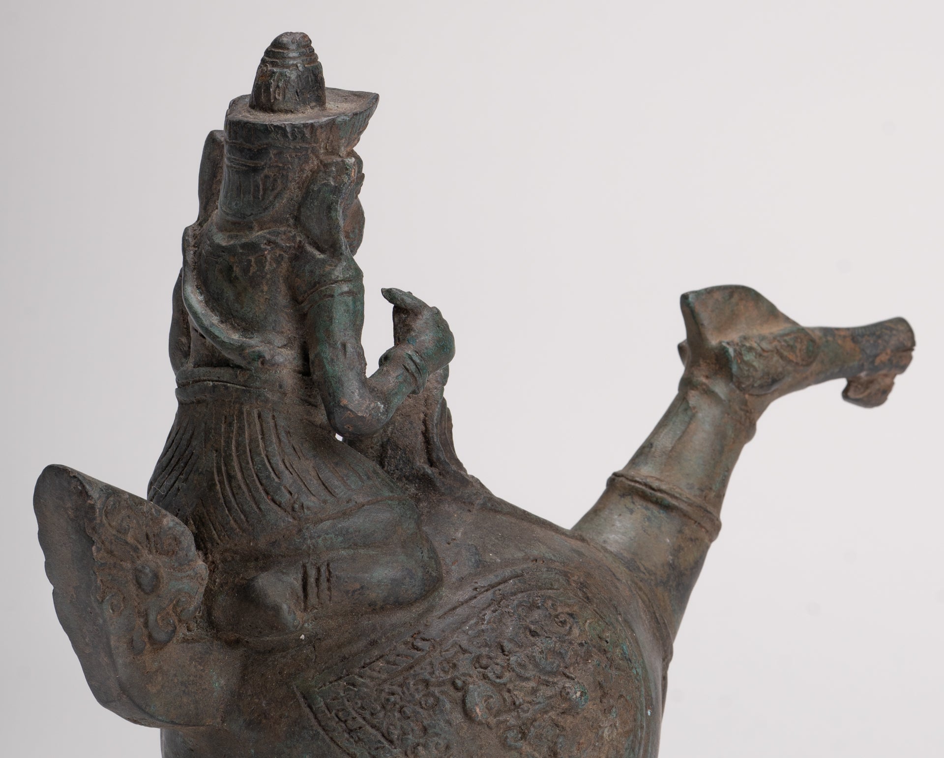 Ganesha Statue - Antique Thai Style Bronze Ganesha Riding a Dragon - 20cm/8"