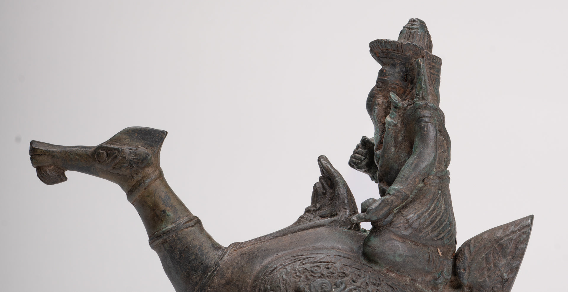 Ganesha Statue - Antique Thai Style Bronze Ganesha Riding a Dragon - 20cm/8"