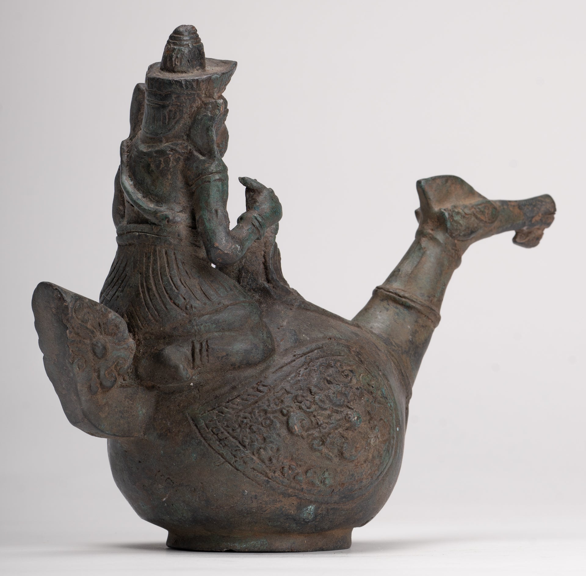 Ganesha Statue - Antique Thai Style Bronze Ganesha Riding a Dragon - 20cm/8"