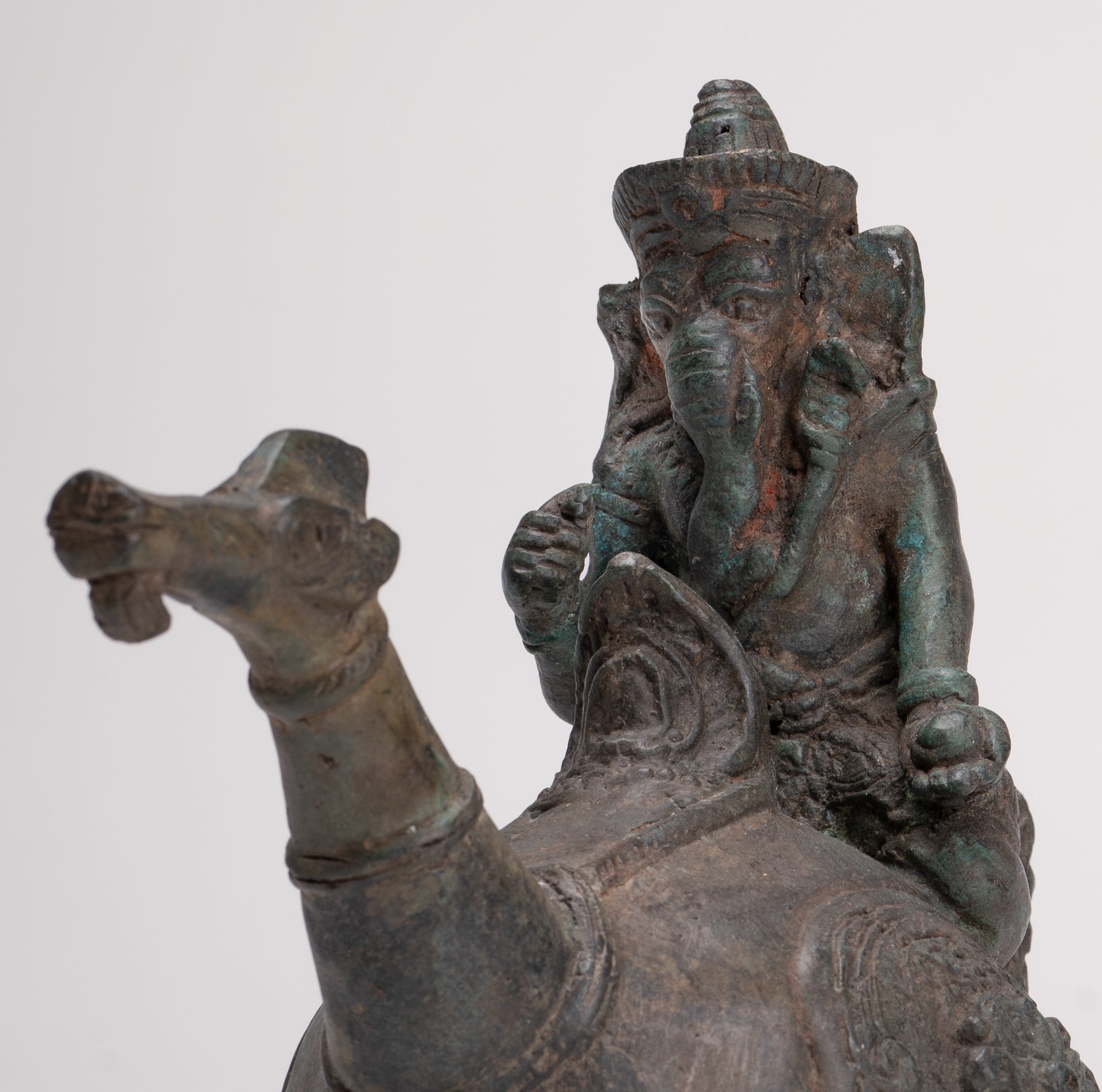 Ganesha Statue - Antique Thai Style Bronze Ganesha Riding a Dragon - 20cm/8"