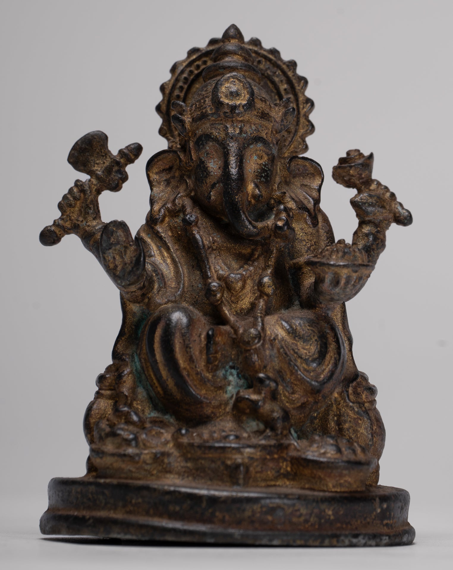 Ganesha Statue - Antique Thai Style Seated Bronze Ganesh Statue - 10cm/4"