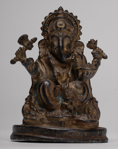 Ganesha Statue - Antique Thai Style Seated Bronze Ganesh Statue - 10cm/4"