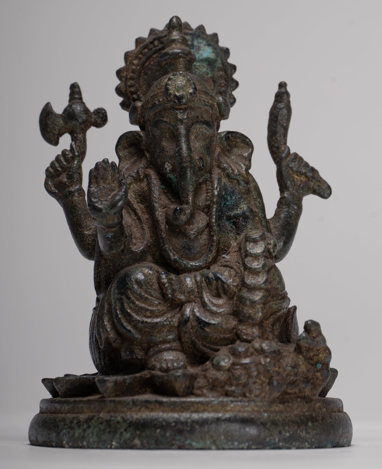 Ganesha Statue - Antique Thai Style Seated Bronze Ganesh Statue - 10cm/4"