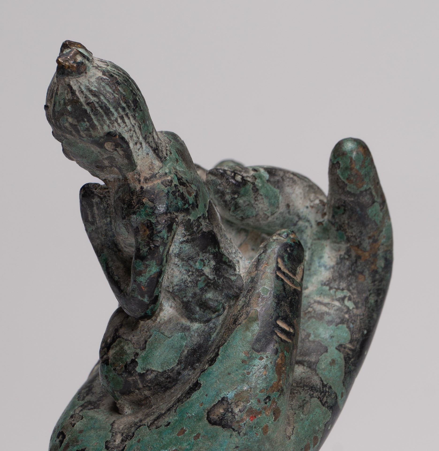 Rishi Statue - Antique Khmer Style Mounted Bronze Rishi or Wise Man in Hand - 17cm/7"