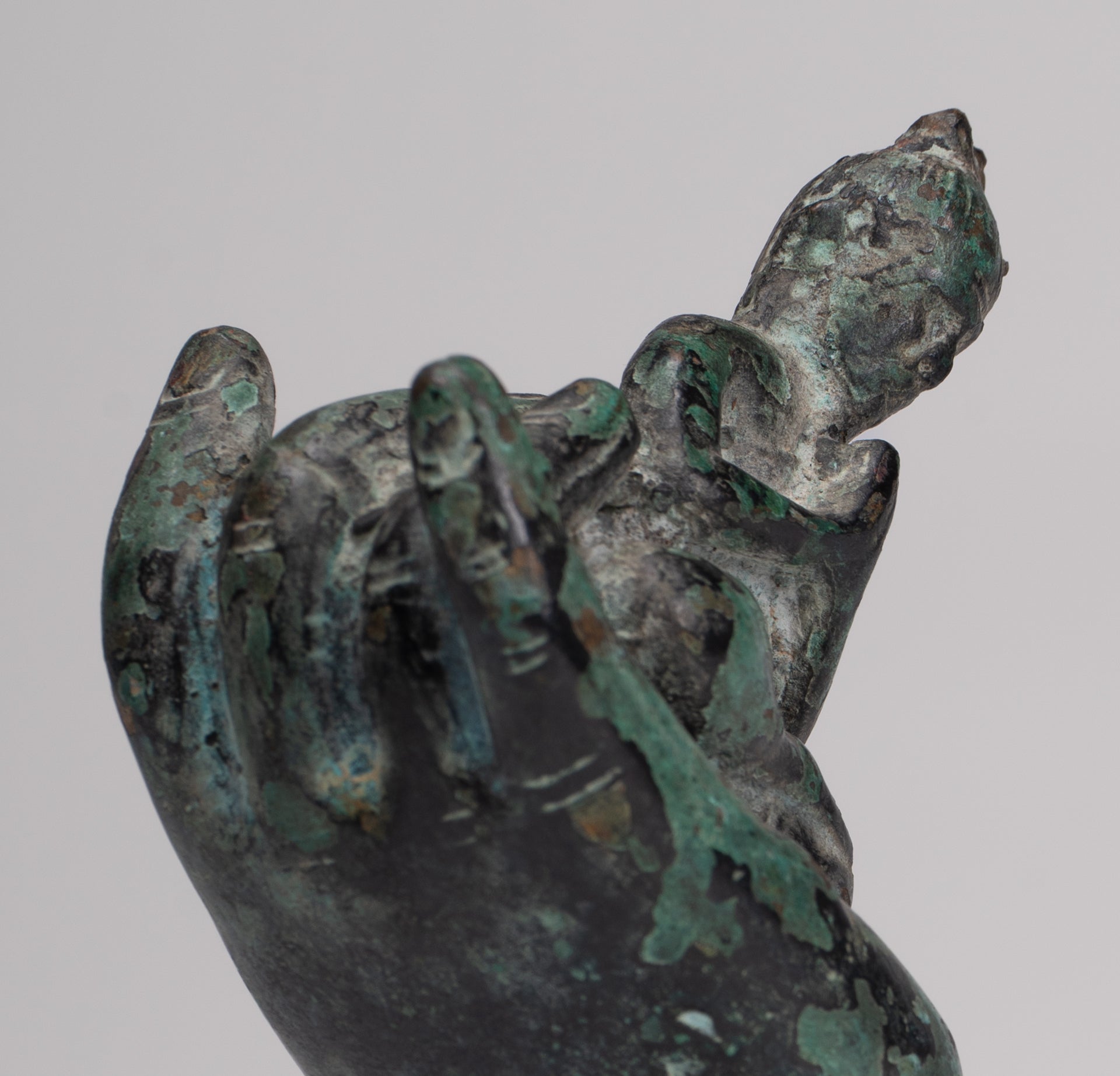 Rishi Statue - Antique Khmer Style Mounted Bronze Rishi or Wise Man in Hand - 17cm/7"