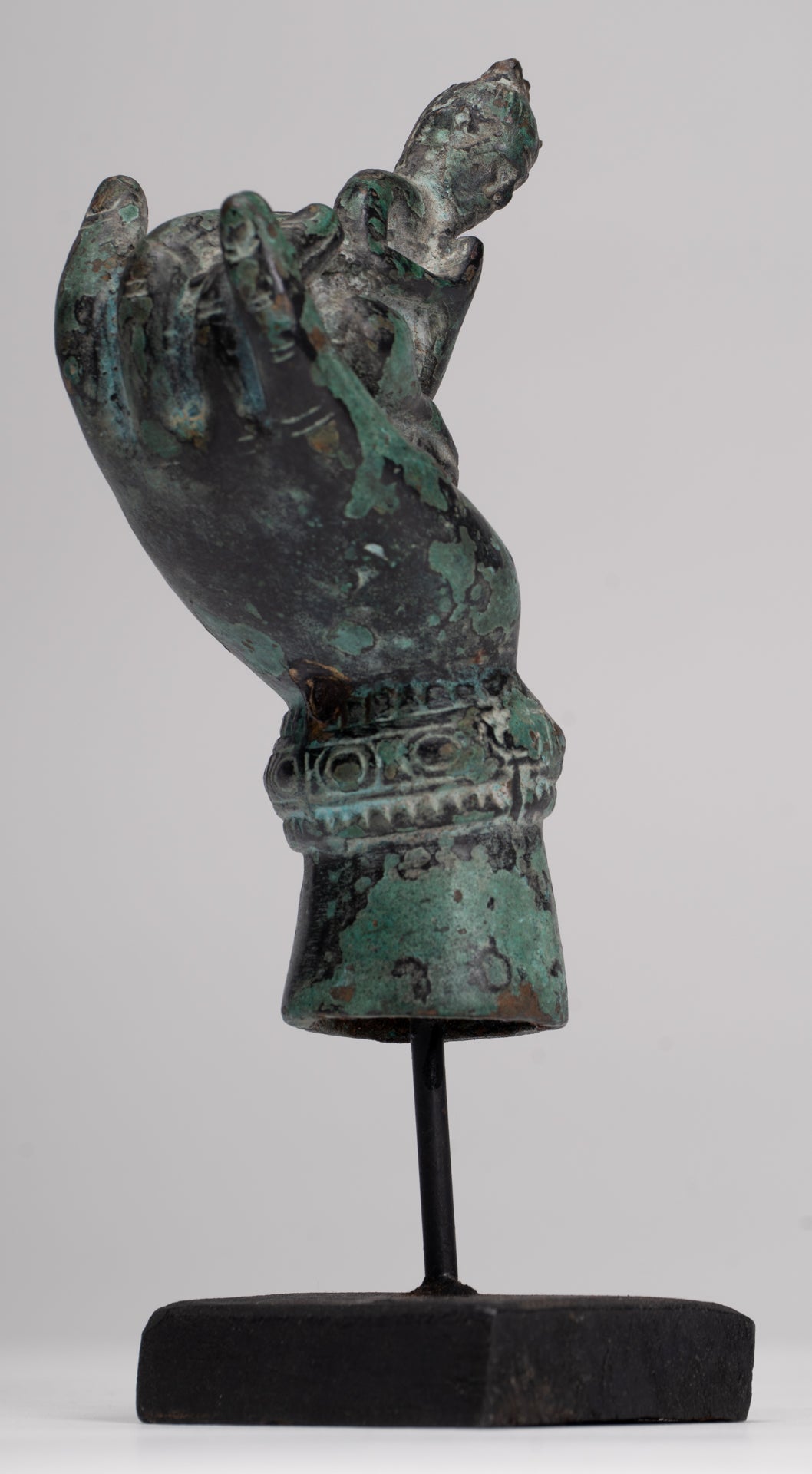 Rishi Statue - Antique Khmer Style Mounted Bronze Rishi or Wise Man in Hand - 17cm/7"