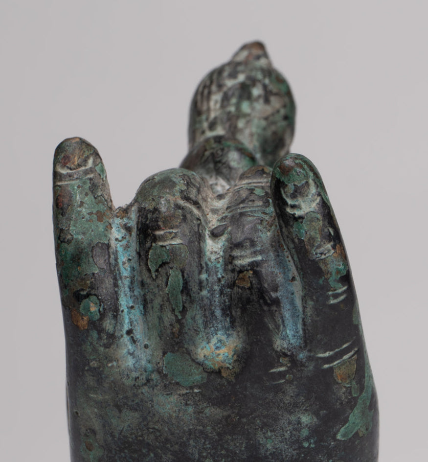 Rishi Statue - Antique Khmer Style Mounted Bronze Rishi or Wise Man in Hand - 17cm/7"