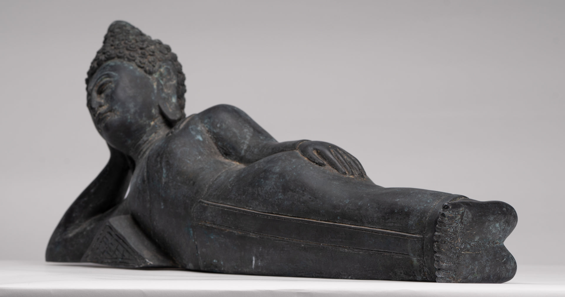Buddha Statue - Antique Thai Style Bronze Chiang Saen Reclining Nirvana Buddha Statue - 66cm/26"