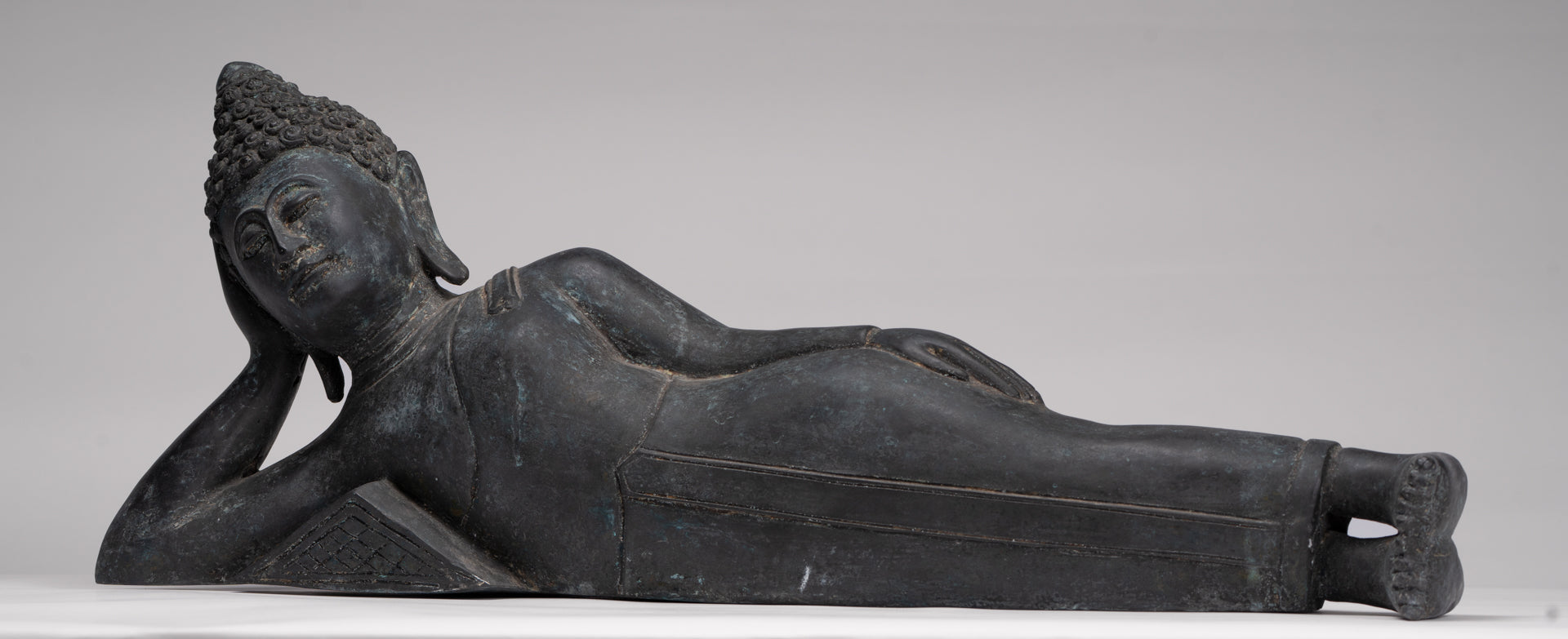 Buddha Statue - Antique Thai Style Bronze Chiang Saen Reclining Nirvana Buddha Statue - 66cm/26"