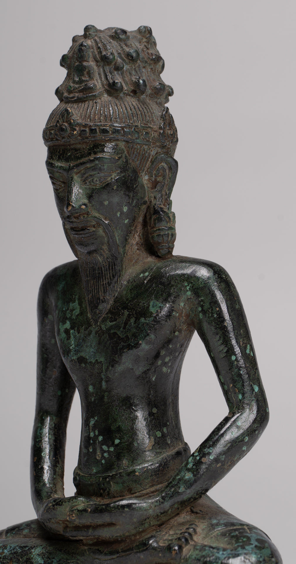 Rishi Statue - Antique Khmer Style Seated Bronze Rishi or Wise Man - 18cm/7"