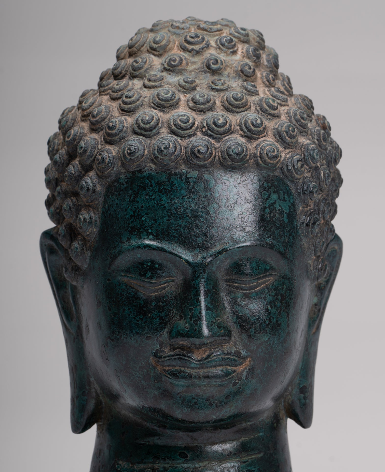Buddha Statue - Antique Khmer Style Bronze Phnom Da Buddha Head - 30cm/12"