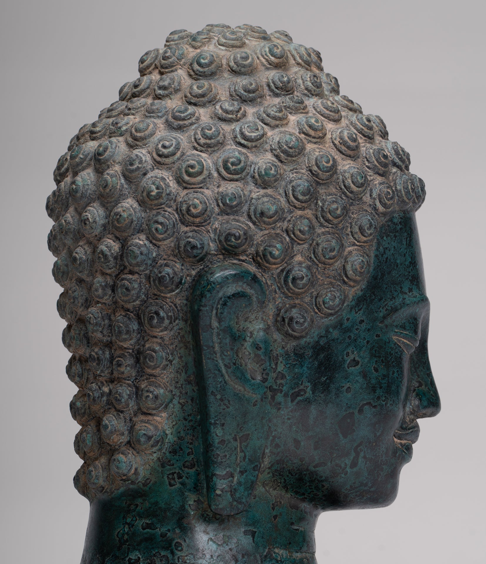 Buddha Statue - Antique Khmer Style Bronze Phnom Da Buddha Head - 30cm/12"