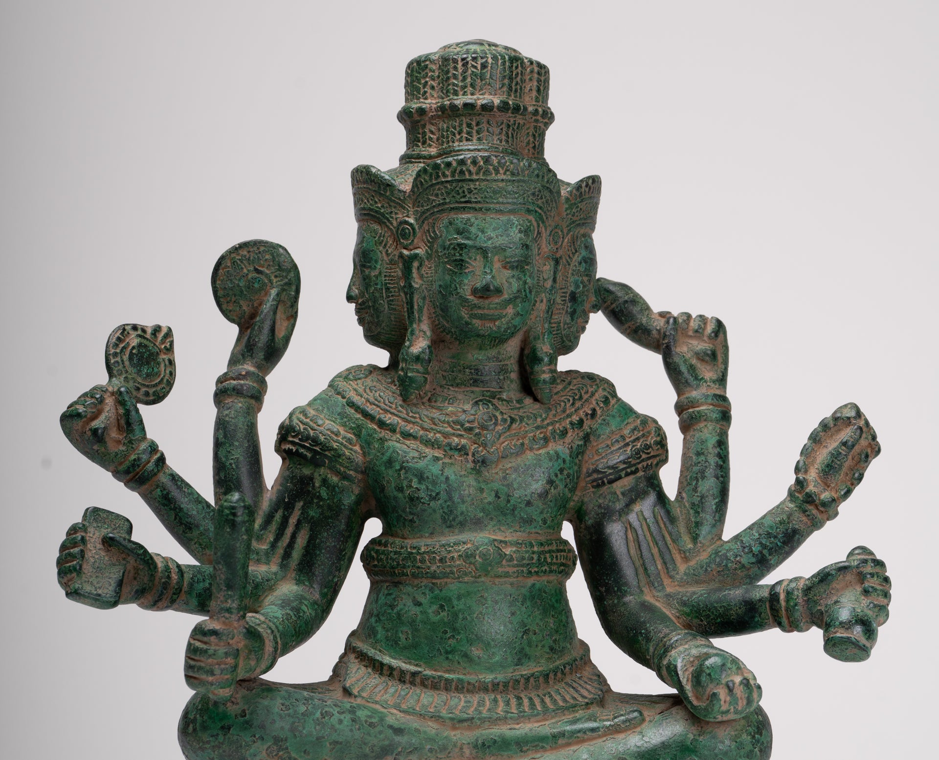 Brahma Statue - Antique Khmer Style Bronze 8 Arm Bayon Brahma - Hindu God Creation - 31cm/12"
