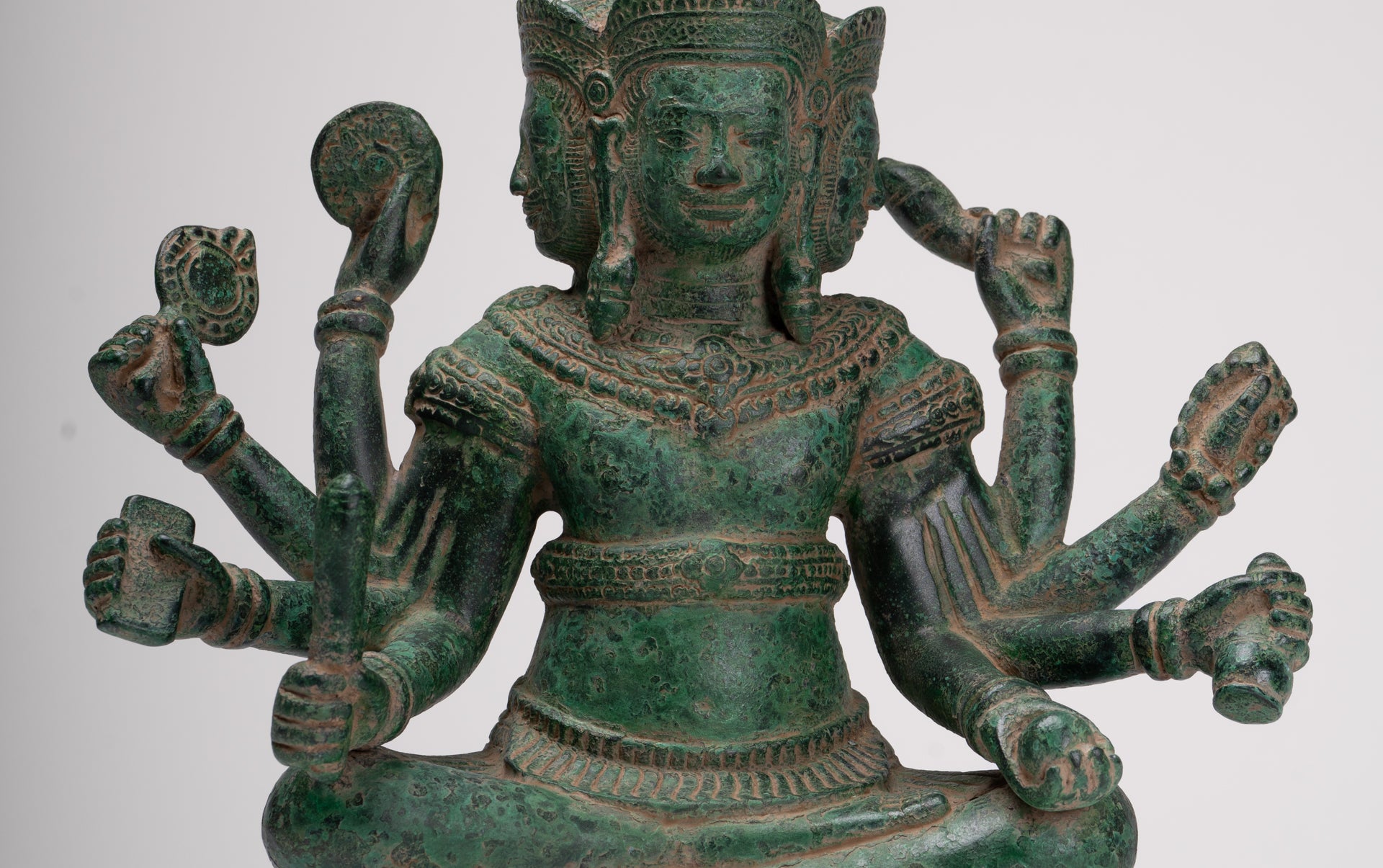 Brahma Statue - Antique Khmer Style Bronze 8 Arm Bayon Brahma - Hindu God Creation - 31cm/12"