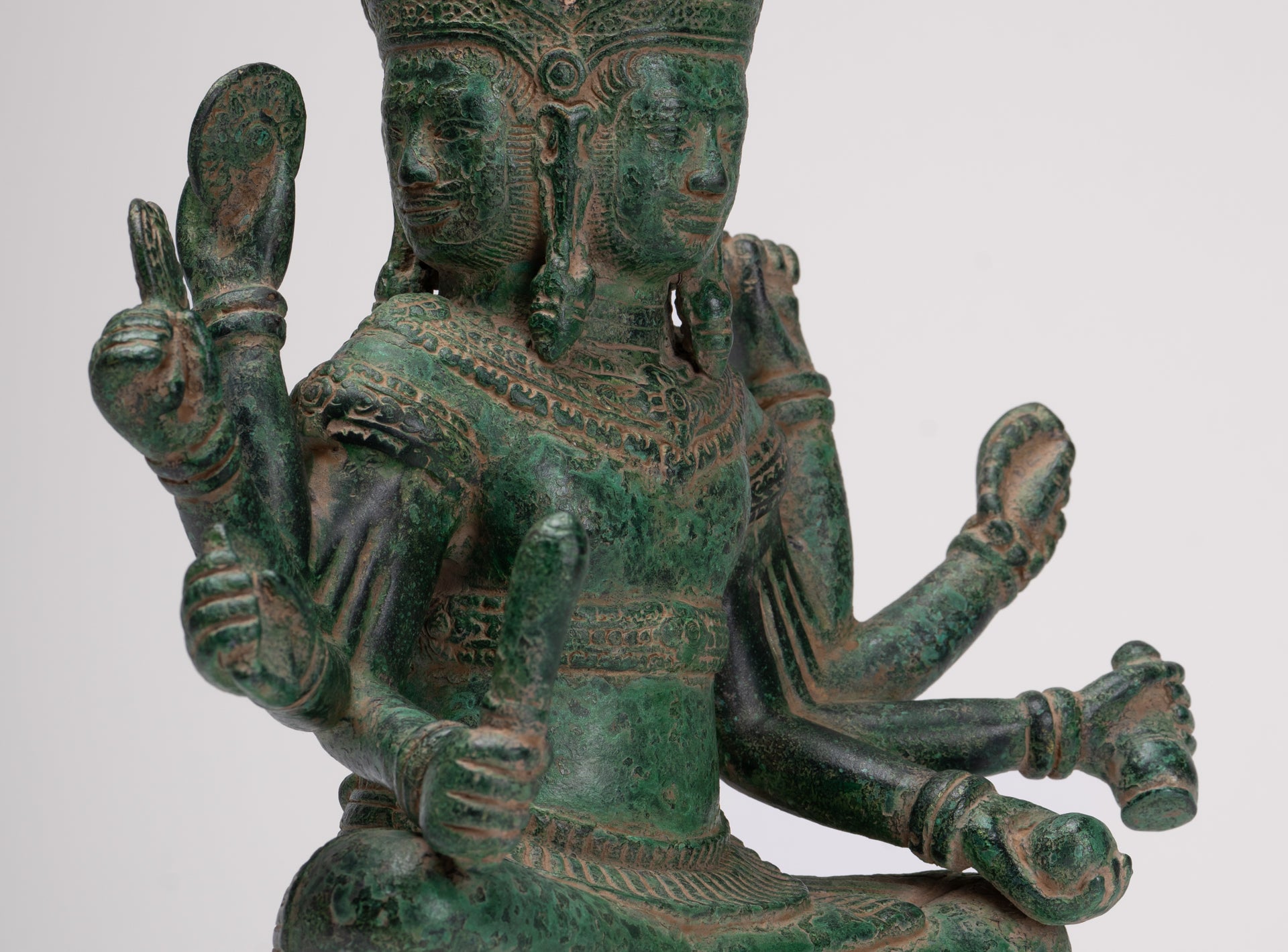 Brahma Statue - Antique Khmer Style Bronze 8 Arm Bayon Brahma - Hindu God Creation - 31cm/12"