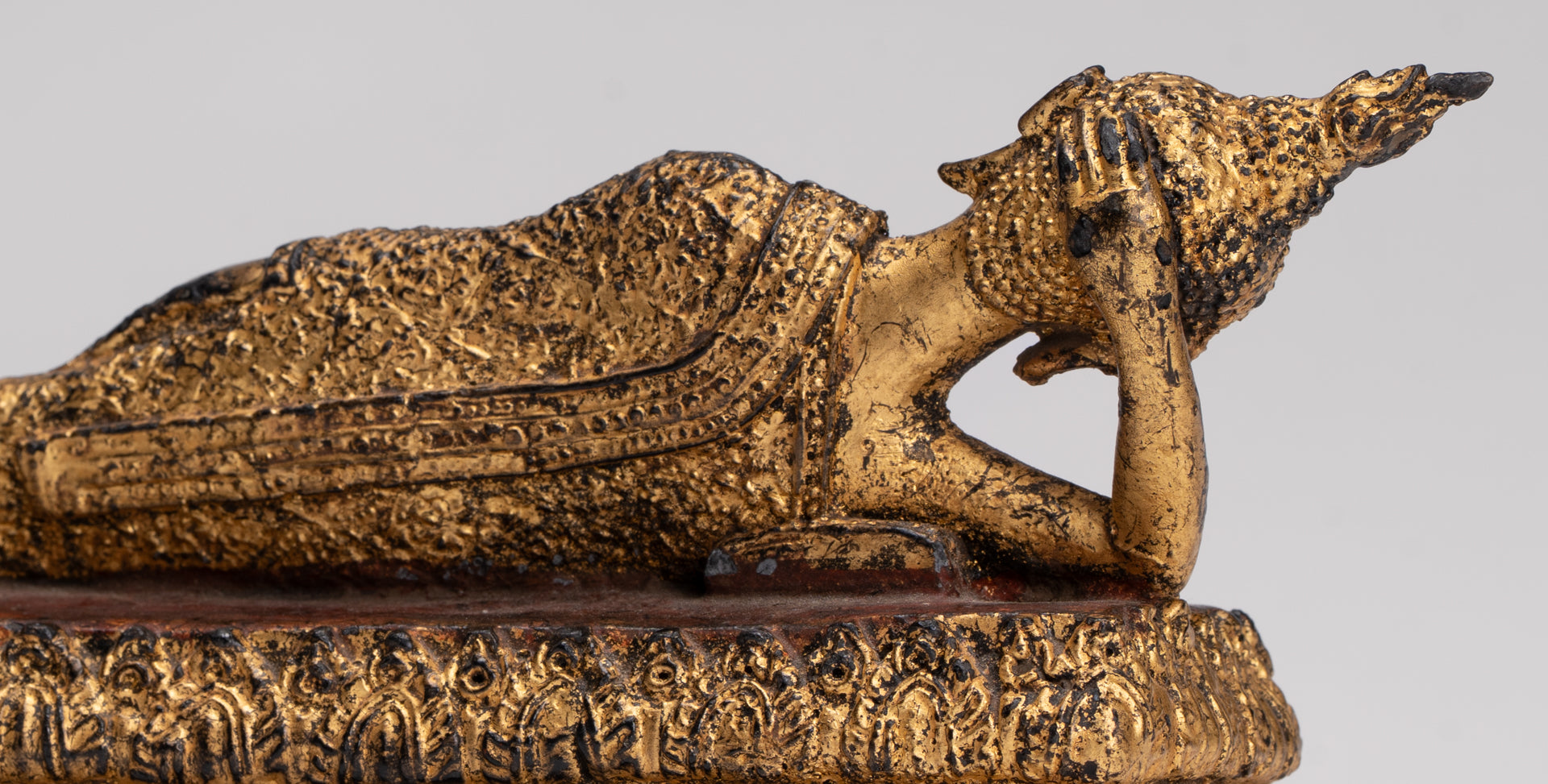 Antique Thai Style Bronze Rattanakosin Reclining Nirvana Buddha Statue - 18.5cm/7"