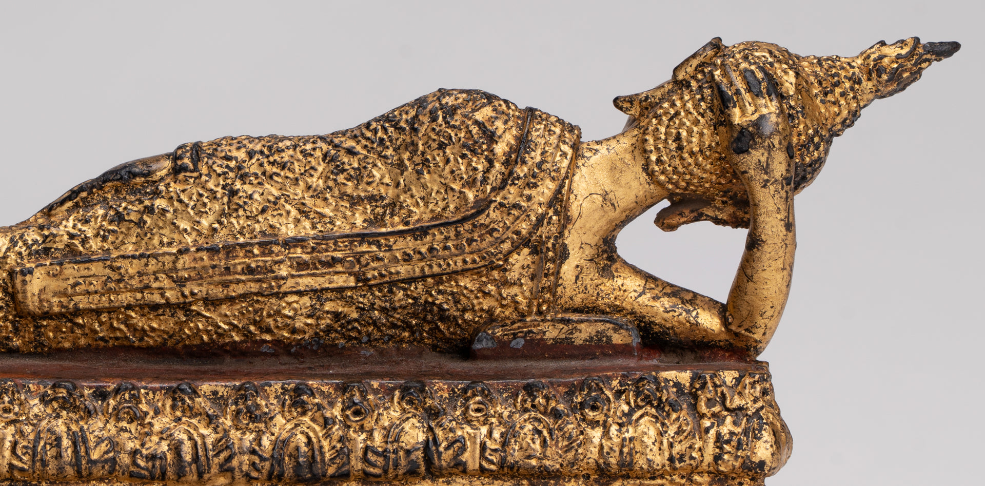 Antique Thai Style Bronze Rattanakosin Reclining Nirvana Buddha Statue - 18.5cm/7"