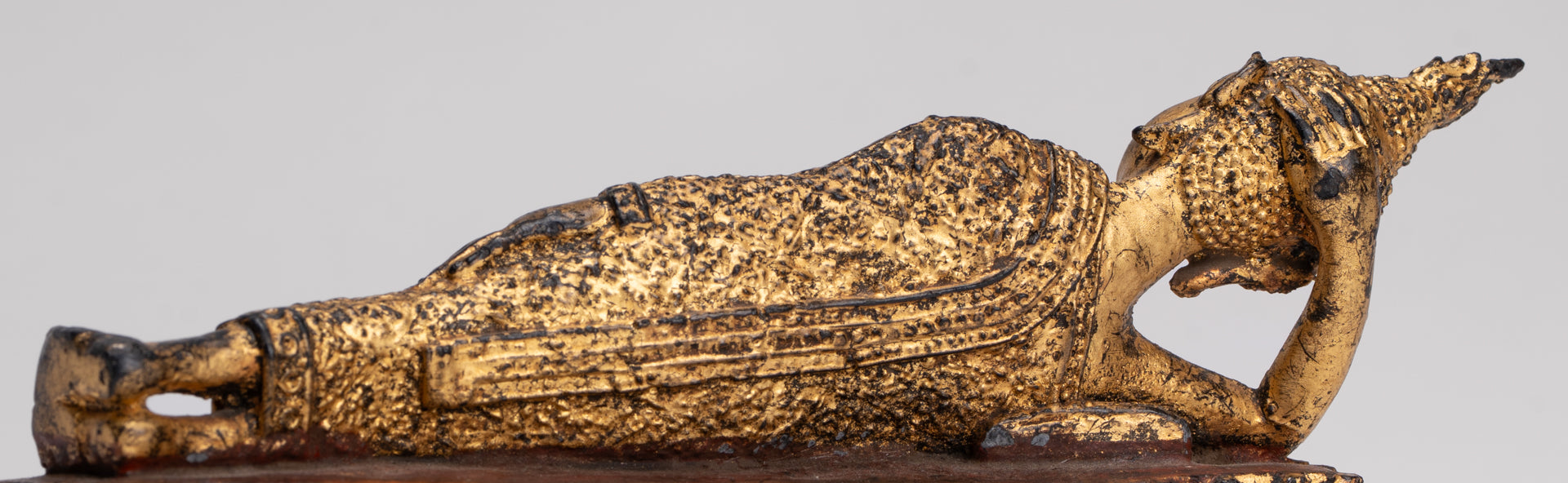 Antique Thai Style Bronze Rattanakosin Reclining Nirvana Buddha Statue - 18.5cm/7"