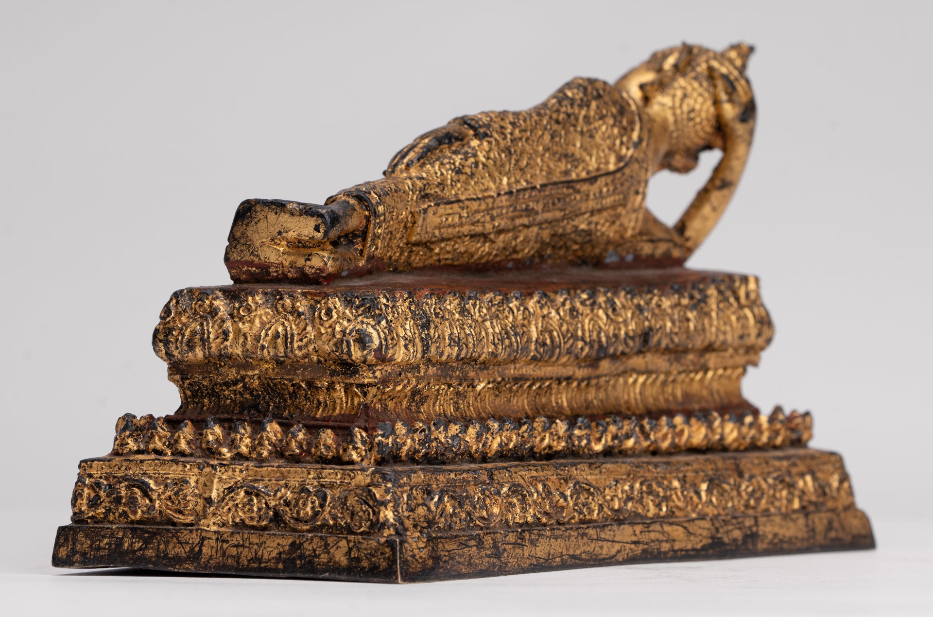 Antique Thai Style Bronze Rattanakosin Reclining Nirvana Buddha Statue - 18.5cm/7"