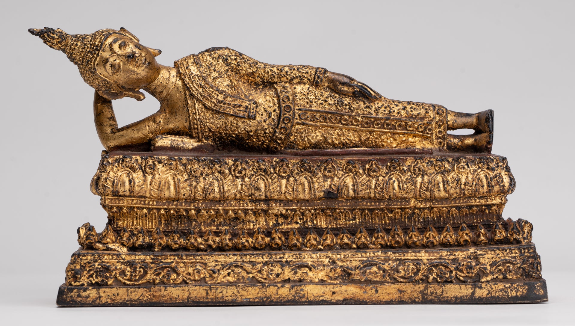 Antique Thai Style Bronze Rattanakosin Reclining Nirvana Buddha Statue - 18.5cm/7"