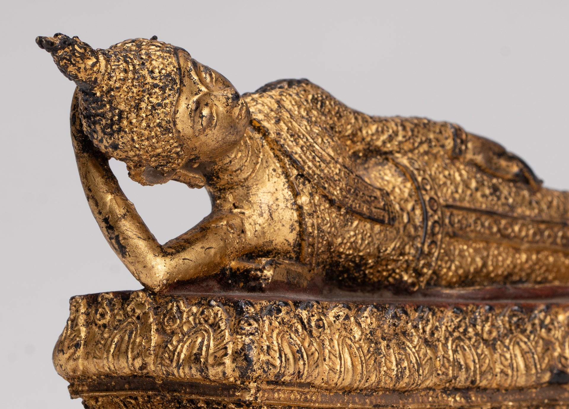 Antique Thai Style Bronze Rattanakosin Reclining Nirvana Buddha Statue - 18.5cm/7"