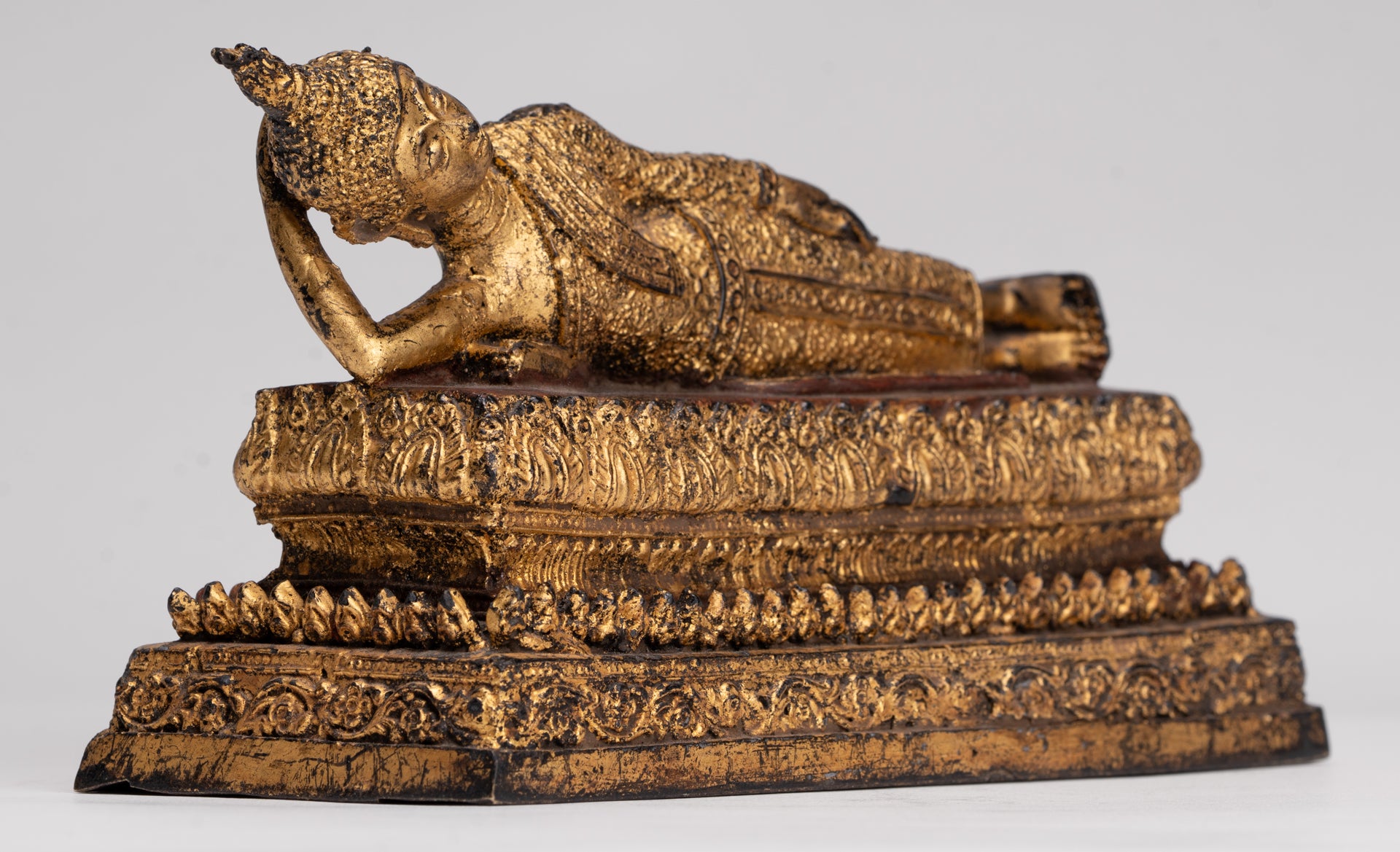 Antique Thai Style Bronze Rattanakosin Reclining Nirvana Buddha Statue - 18.5cm/7"