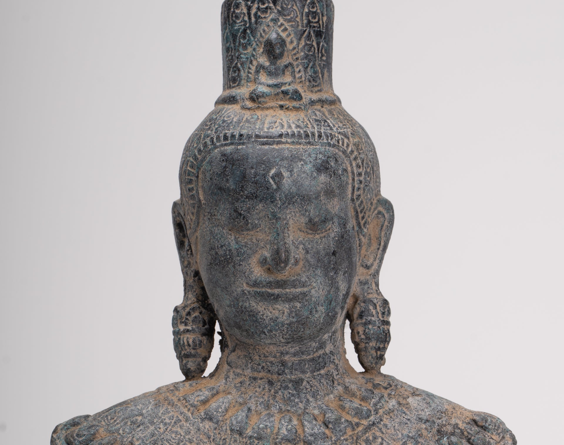 Antique Khmer Style Standing Bronze Bayon Style Lokeshvara Statue - 27cm/11"