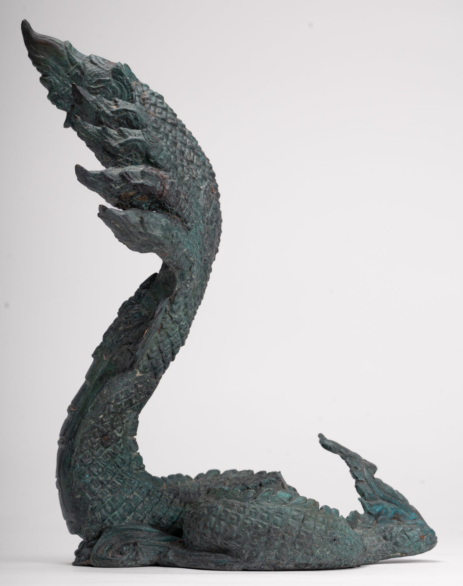 Antique Thai Style Bronze Nine Head Protective Naga, Snake or Serpent Statue - 28cm/11"