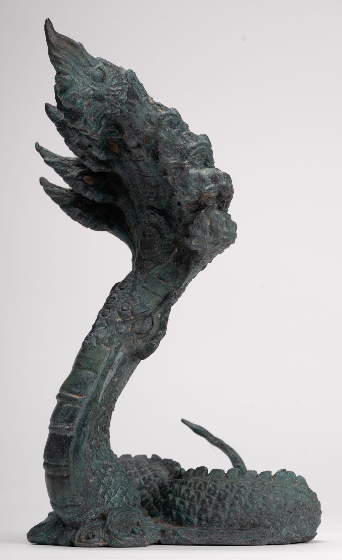 Antique Thai Style Bronze Nine Head Protective Naga, Snake or Serpent Statue - 28cm/11"